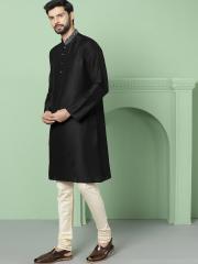 House of Pataudi Men Black Solid Straight Kurta