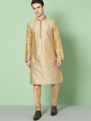 House of Pataudi Men Beige Self Design Kurta with Churidar