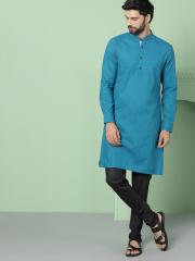 House of Pataudi Men Blue Solid Straight Kurta