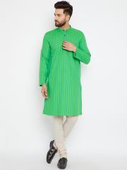 even Men Green Striped Straight Kurta