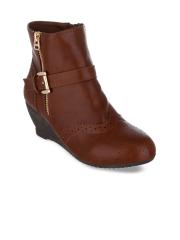 SHUZ TOUCH Women Brown Solid Heeled Boots