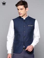 Louis Philippe Men Blue Solid Slim Fit Wool Nehru Jacket