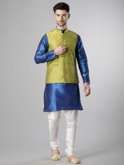 Svanik Men Blue & Green Solid Kurta with Pyjamas and Nehru Jacket