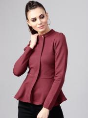 SASSAFRAS Women Maroon Solid Tailored Jacket