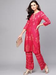 AKS Women Pink & Golden Printed Kurta with Palazzos