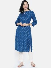 Global Desi Women Blue Printed Straight Kurta