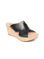 Clarks Women Black Leather Wedges