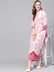 Tissu Women White & Pink Printed Kurta with Palazzos