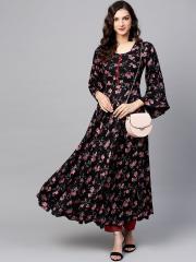 Tissu Women Black & Maroon Printed Kurta with Trousers