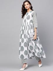 Tissu Women White & Grey Printed Kurta with Trousers