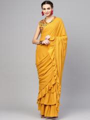 AKS Mustard Yellow Solid Lehenga Saree