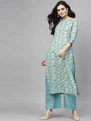 AKS Women Blue & Grey Printed Kurta with Palazzos