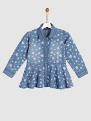 YK Girls Blue Printed Shirt Dress