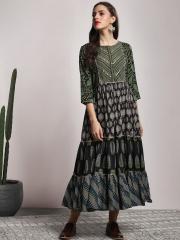 Sangria Women Black & Green Printed Anarkali Kurta