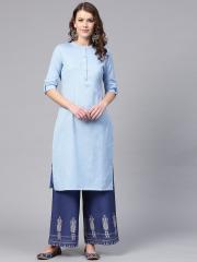 W Women Blue Solid Straight Kurta