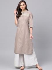 W Women Grey Printed Straight Kurta