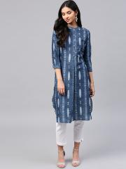 W Women Blue Printed Straight Kurta