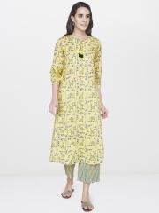 Global Desi Women Yellow Printed Kurta with Trousers