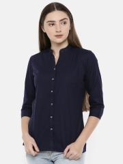 Park Avenue Women Navy Blue Solid Shirt Style Pure Cotton Top