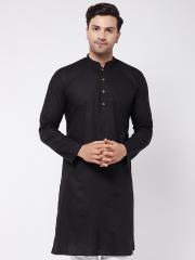 VASTRAMAY Men Black Solid Linen Straight Kurta