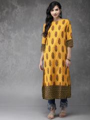 Anouk Women Mustard Printed Straight Kurta