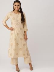 IMARA Women Beige & Golden Printed Kurta with Palazzos