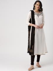 IMARA Women White & Black Embroidered Kurta With Leggings & Dupatta