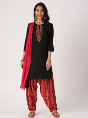 IMARA Women Black & Red Embroidered Kurta with Salwar & Dupatta