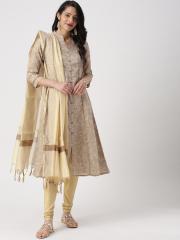 IMARA Women Beige Printed Kurta with Churidar & Dupatta