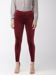 Forever 21 Women Burgundy Solid Velvet Leggings