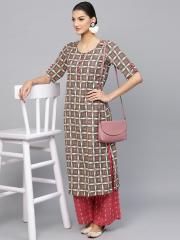 AKS Women Grey & Pink Printed Kurta with Palazzos