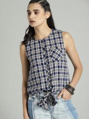 Roadster Women Navy Blue Checked Shirt Style Pure Cotton Top