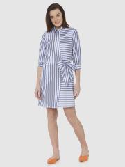 Vero Moda Women White & Blue Striped Shirt Dress