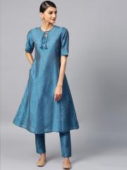 AKS Women Blue Solid Kurta with Trousers