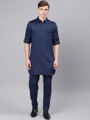 Freehand Men Navy Blue Solid Kurta with Pyjamas