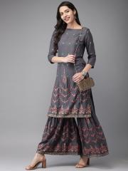 Anouk Women Grey Printed Kurta with Sharara