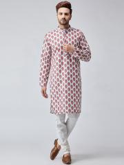 SOJANYA Men Red & White Printed Kurta with Churidar