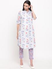 Biba Women Blue & Purple Printed Kurta with Trousers