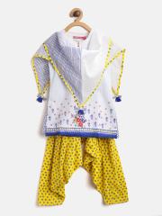 Biba Girls White & Yellow Printed Kurta with Salwar & Scraf