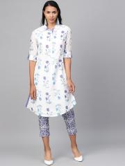 Biba Women White & Purple Printed Kurta with Trousers