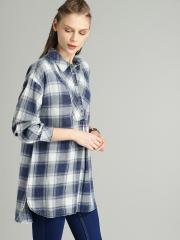 The Roadster Lifestyle Co Women Navy Blue Checked Shirt Style Pure Cotton Top