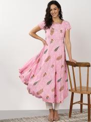 Sangria Women Pink & Green Printed Anarkali Kurta