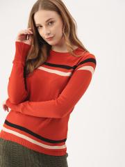 DressBerry Women Orange & Black Striped Sweater