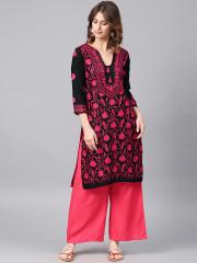 Saadgi Women Black Embroidered Straight Kurta