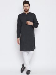 even Men Black Striped Straight Kurta