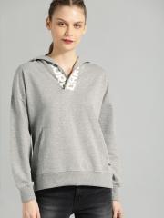 Roadster Women Grey Melange Solid Hooded Pullover Sweatshirt