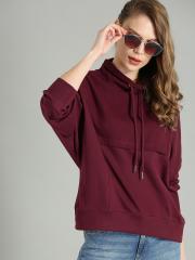 Roadster Women Burgundy Solid Hooded Pullover Sweatshirt