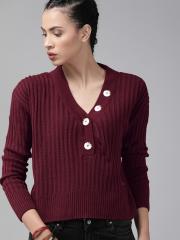 The Roadster Lifestyle Co Women Maroon Solid Ribbed Sweater