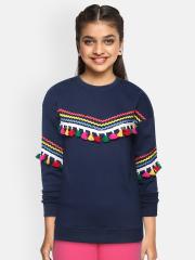 YK Girls Navy Blue Sweatshirt with Lace & Tasselled Detail