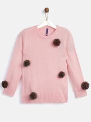 YK Girls Pink Solid Sweater with Applique Detail